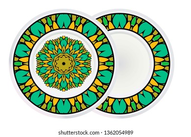 Set of two Simple Round Floral Mandala, Ethno Motive. Bright Ornament Consists Of Simple Shapes. Vector Illustration.. For Home Decor, Coloring Book, Greeting Card, Invitation, Tattoo