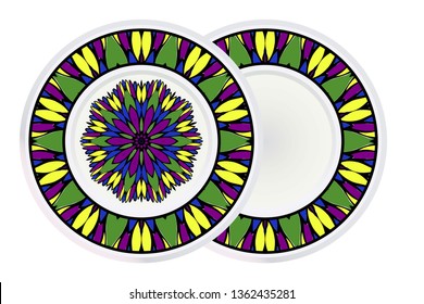 Set of two Simple Round Floral Mandala, Ethno Motive. Bright Ornament Consists Of Simple Shapes. Vector Illustration.. For Home Decor, Coloring Book, Greeting Card, Invitation, Tattoo