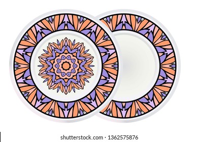 Set of two Simple Round Floral Mandala, Ethno Motive. Bright Ornament Consists Of Simple Shapes. Vector Illustration.. For Home Decor, Coloring Book, Greeting Card, Invitation, Tattoo