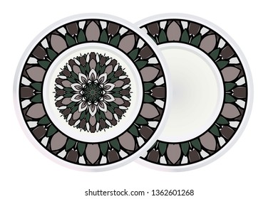 Set of two Simple Round Floral Mandala, Ethno Motive. Bright Ornament Consists Of Simple Shapes. Vector Illustration.. For Home Decor, Coloring Book, Greeting Card, Invitation, Tattoo