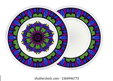 Set of two Simple Round Floral Mandala, Ethno Motive. Bright Ornament Consists Of Simple Shapes. Vector Illustration.. For Home Decor, Coloring Book, Greeting Card, Invitation, Tattoo
