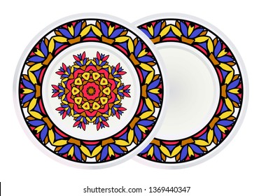 Set of two Simple Round Floral Mandala, Ethno Motive. Bright Ornament Consists Of Simple Shapes. Vector Illustration.. For Home Decor, Coloring Book, Greeting Card, Invitation, Tattoo