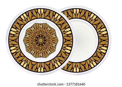 Set of two Simple Round Floral Mandala, Ethno Motive. Bright Ornament Consists Of Simple Shapes. Vector Illustration.. For Home Decor, Coloring Book, Greeting Card, Invitation, Tattoo