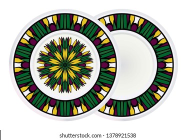 Set of two Simple Round Floral Mandala, Ethno Motive. Bright Ornament Consists Of Simple Shapes. Vector Illustration.. For Home Decor, Coloring Book, Greeting Card, Invitation, Tattoo