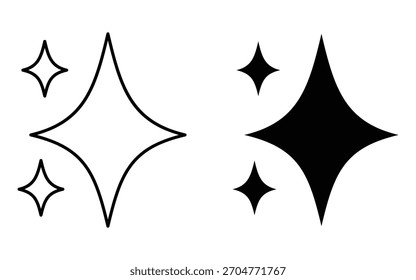 Satz von zwei einfachen funkelnden und glänzenden Symbolen, ein umrissenes und ein solides schwarzes Shape, das saubere, helle oder magische Effekte darstellt, einzeln auf