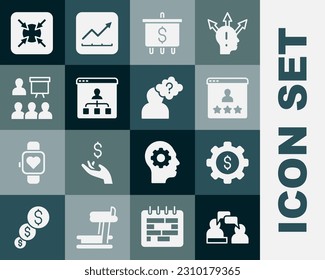 Set Two sitting men talking, Gear with dollar, Customer product rating, Target, Online education, Training, presentation,  and Head question mark icon. Vector