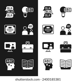 Set Two sitting men talking, Certificate template, Speech bubble chat, Creative lamp light idea, Foreign language online study, Briefcase, Open book and Learning foreign languages icon. Vector
