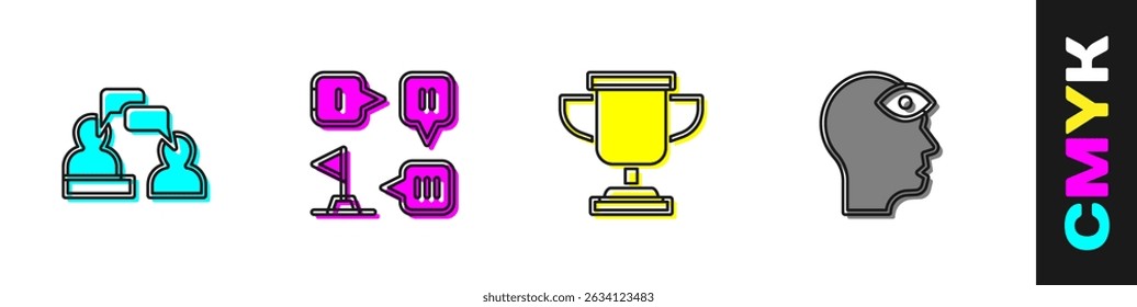 Set Two sitting men talking, Planning strategy, Award cup and Man with third eye icon. Vector