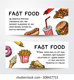 Set of two sketch style hand drawn fast food banner vector templates. Pizza, burger, hot dog, sandwich, donut, ice cream, French fries banner template set, advertising layout, marketing concept