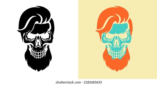 Set of two skulls with beards, and haircuts on white background.  Illustration of tattoo design. Retro design of sceleton.