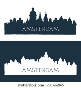 Set of two skyline illustrations in two colors. Roofs of Amsterdam in two colors.