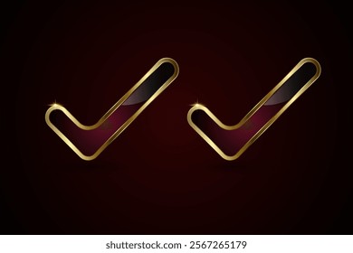 Set of two sleeks golden checkmark with a glossy black and deep red gradient interior. Two small glowing sparkles is visible at the top corner, emphasizing elegance