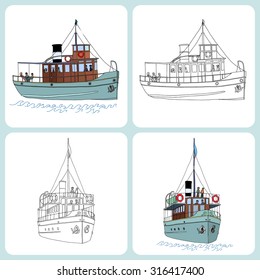 A set of two small passenger ships (steamers). Black lines and color  versions. Vector illustration for coloring pages or other.