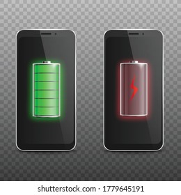 Mit zwei Smartphones, schwarzer Bildschirm mit niedrigem Akku und voller bunter Anzeige, realistischer Vektorgrafik einzeln auf transparentem Hintergrund.