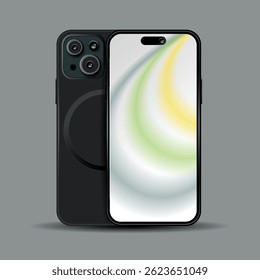 Conjunto de dos modelos de smartphones, vista frontal y posterior sobre fondo gris.