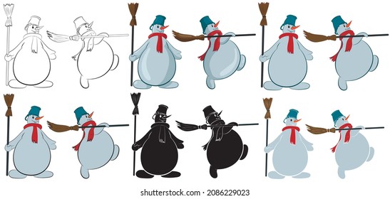 Set of Two snowmen with a bucket on their head and a scarf and a broom in their hands, isolated on a white background. Vector illustration