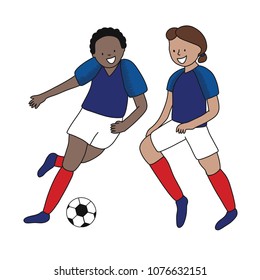Set of two soccer players of the football team of France kicking a football ball. Footballer Vector Isolated white background.