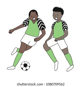Set of two soccer players of the football team of Nigeria kicking a football ball. Footballer Vector Isolated white background.