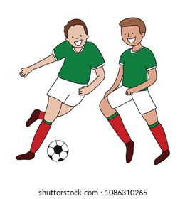 Set of two soccer players of the football team of Mexico kicking a football ball. Footballer Vector Isolated white background.