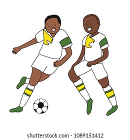 Set of two soccer players of the football team of Senegal l kicking a football ball. Footballer Vector Isolated white background.