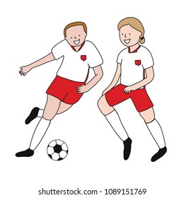 Set of two soccer players of the football team of Poland kicking a football ball. Footballer Vector Isolated white background.