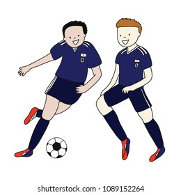 Set of two soccer players of the football team of Japan kicking a football ball. Footballer Vector Isolated white background.