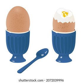 Set of two soft-cooked eggs in ceramic blue cups with spoon. Traditional English boiled eggs for breakfast.  Vector illustration. 