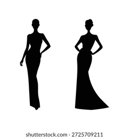 Ein Satz von zwei anspruchsvollen schwarzen Silhouetten von eleganten Frauen posiert in bodenlangen Abendkleider.