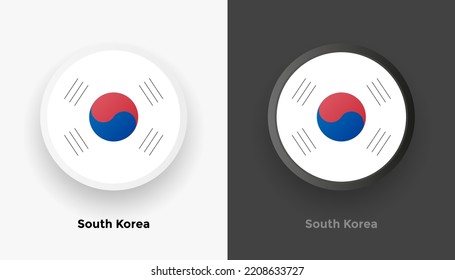 Set of two South Korea flag buttons in black and white background. Abstract shiny metallic rounded buttons with national country flag