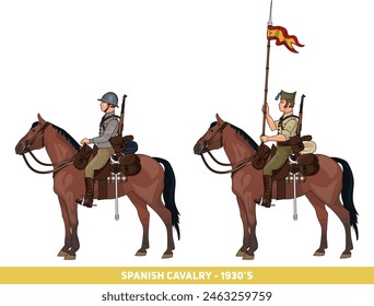 Set von zwei spanischen Kavalleristen aus den 1930er Jahren während des Spanischen Bürgerkriegs, Republikaner und Frankist, isoliert auf weißem Hintergrund, Vektorgrafik EPS 10