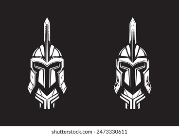 Conjunto de dos cascos de guerrero espartano diseño de logotipo en monocromo
