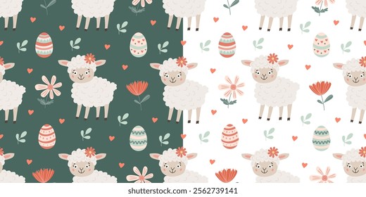 Set with two spring seamless patterns with Easter eggs, flowers and little funny lamb on white and green backdrops. Vector illustration in flat style, pastel colors for wrapping paper, festive textile