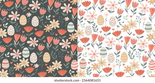 Set with two spring seamless patterns with Easter eggs and flowers on white and green backdrops. Vector illustration in hand drawn flat style, pastel colors. Ideal for wrapping paper, festive textile