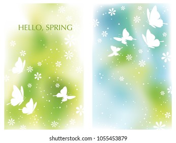 Set of two springtime vector background illustrations with flowers and butterflies.