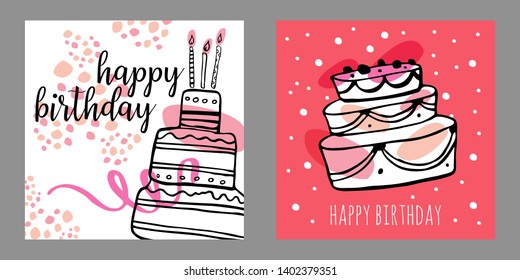 Set of two square birthday card design templates. Hand drawn cartoon vector sketch illustration with cakes