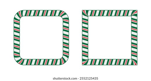 Set of two square candy cane frames with straight and rounded corners in white, red, and green. Ideal for Christmas cards, invitations, festive designs, and seasonal decorations.