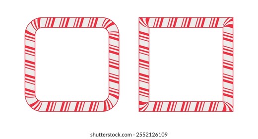 Set of two square candy cane frames with straight and rounded corners in classic white and red colors. Perfect for Christmas designs, holiday cards, and festive projects. Simple and elegant vector