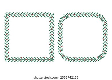 Set of two square Christmas frames with straight and rounded corners, featuring pine branches and red berries. A minimalist holiday design for festive projects, cards, and invitations. Vector