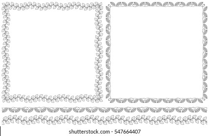 Set of two square decorative frame with leaves and lines for borders. Vector illustration.	