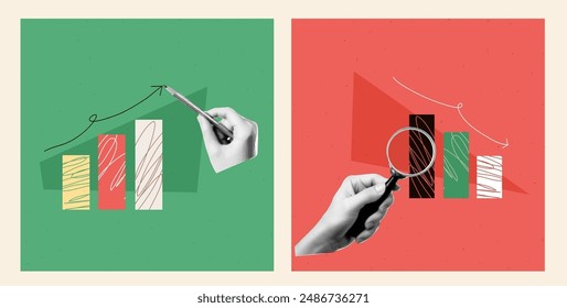 Set of Two square illustration of the theme of finance. Down and up chart with collage halftone hand with pencil and magnifying glass. Finance education. Vector trendy abstract popart banner. 