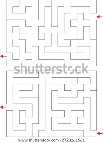 Set of two square maze labyrinth puzzles with entrances and exits. Minimal black line maze games on white background for kids and adults, printable worksheet, logic brain teaser and puzzle activity
