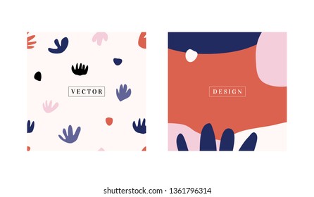 A set of two square templates with abstract floral shapes and sample text. Trendy and stylish collage style vector illustration, social media post, newsletter in red, pink, purple, white and black.