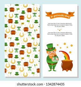 Set of two St. Patrick's Day greeting card. Pot with gold and cute leprechaun character. Illustration with different elements of Ireland culture and traditional pattern.