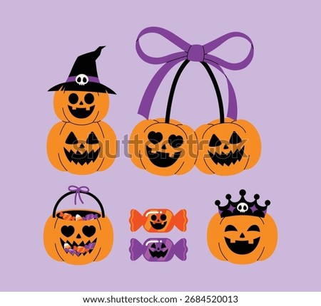 Set of Two Stacked Halloween Pumpkins Wearing Witch Hat with Skull, Halloween Pumpkin with Crown, Scary Pumpkin with Purple Bow Tie, Spooky Jack O' Lantern Basket with Bright Candy illustration  