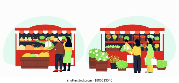 Set of two stalls with vegetables and flowers. Autumn season. Vendors in the stalls offer their wares of pumpkins, squash and flowers. Flat vector illustration.