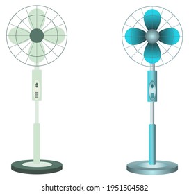 Set of two stand fans in different styles. Electric floor ventilator for climate control or air cooling. Wind blower for hot weather