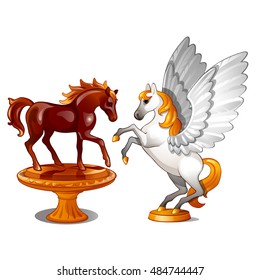 A set of two statues of graceful horses isolated on white background. Vector illustration.
