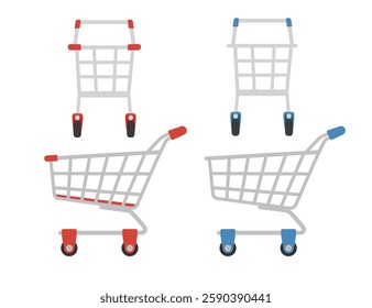 Set of two steel shopping cart with blue and red handle. Metal grocery carrier. Supermarket equipment. Four-wheeled basket. Retail shopping tool. Vector illustration isolated on white.
