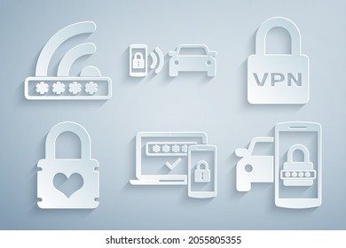 Set Two steps authentication, Lock VPN, Padlock with heart, Smart car security system, alarm and Wifi locked icon. Vector