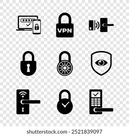 Set Two steps authentication, Lock VPN, Digital door lock with wireless, , Padlock clock and  icon. Vector